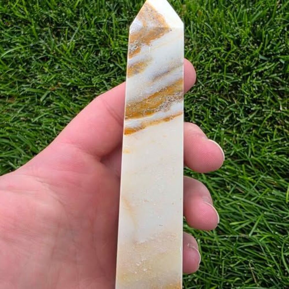 Polished yellow and white banded crHoney Calcite Crystal Tower Yellow White Band